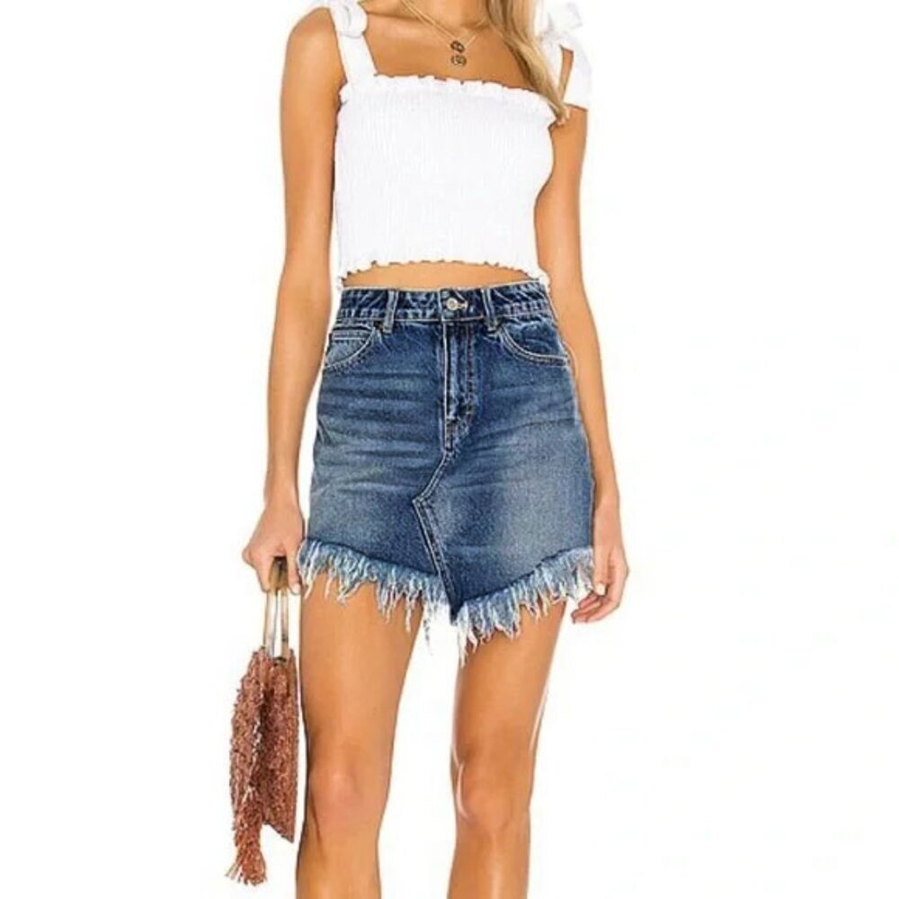 Free People Bailey Raw Hem Fringe Denim Skirt
